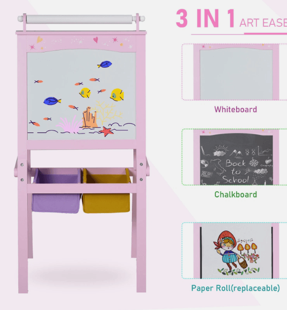 3 In 1 Kids Wooden Art Easel with Paper Roll, Double-Sided, Storage