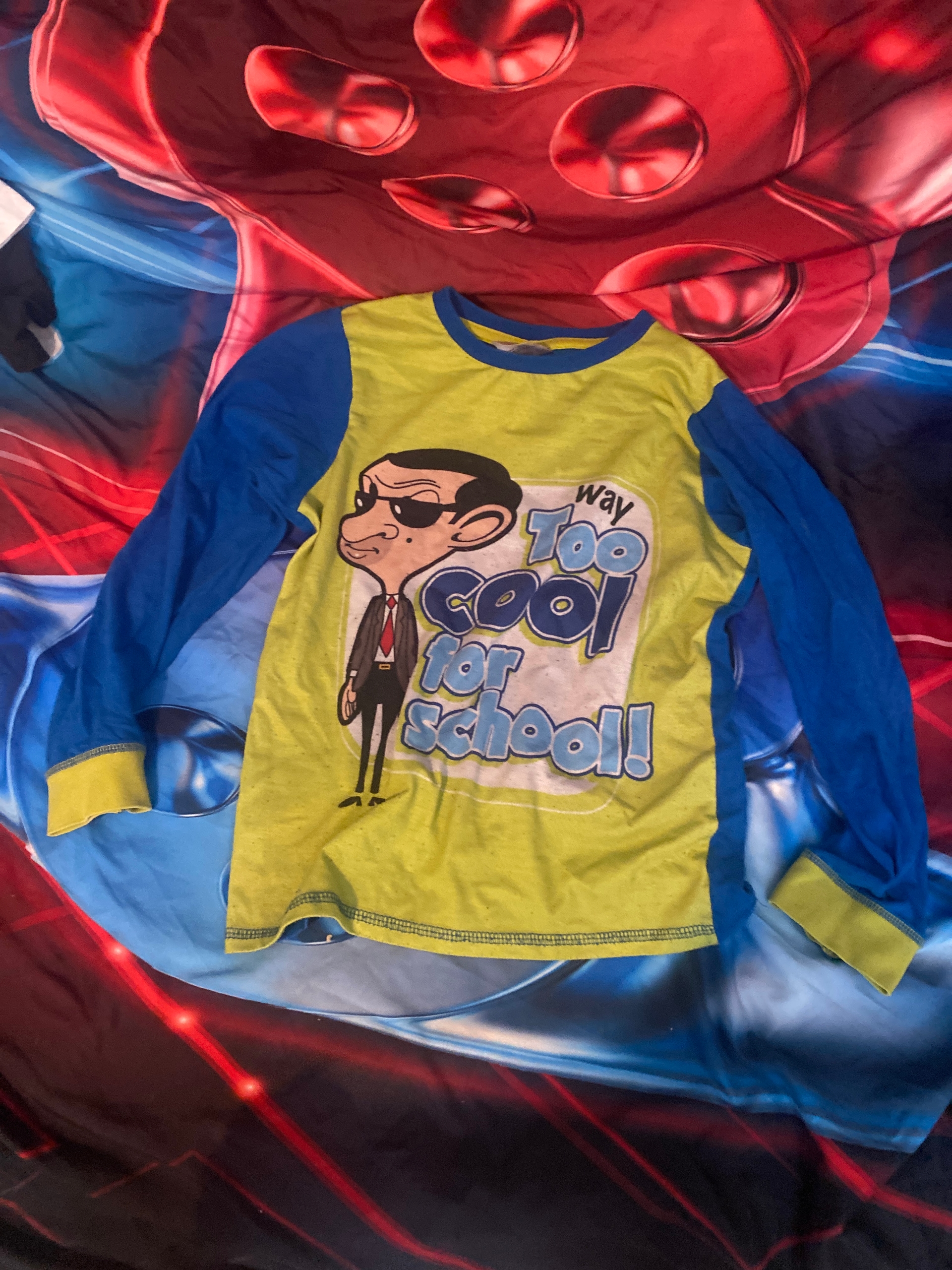 Blue and green Mr Bean pyjama top