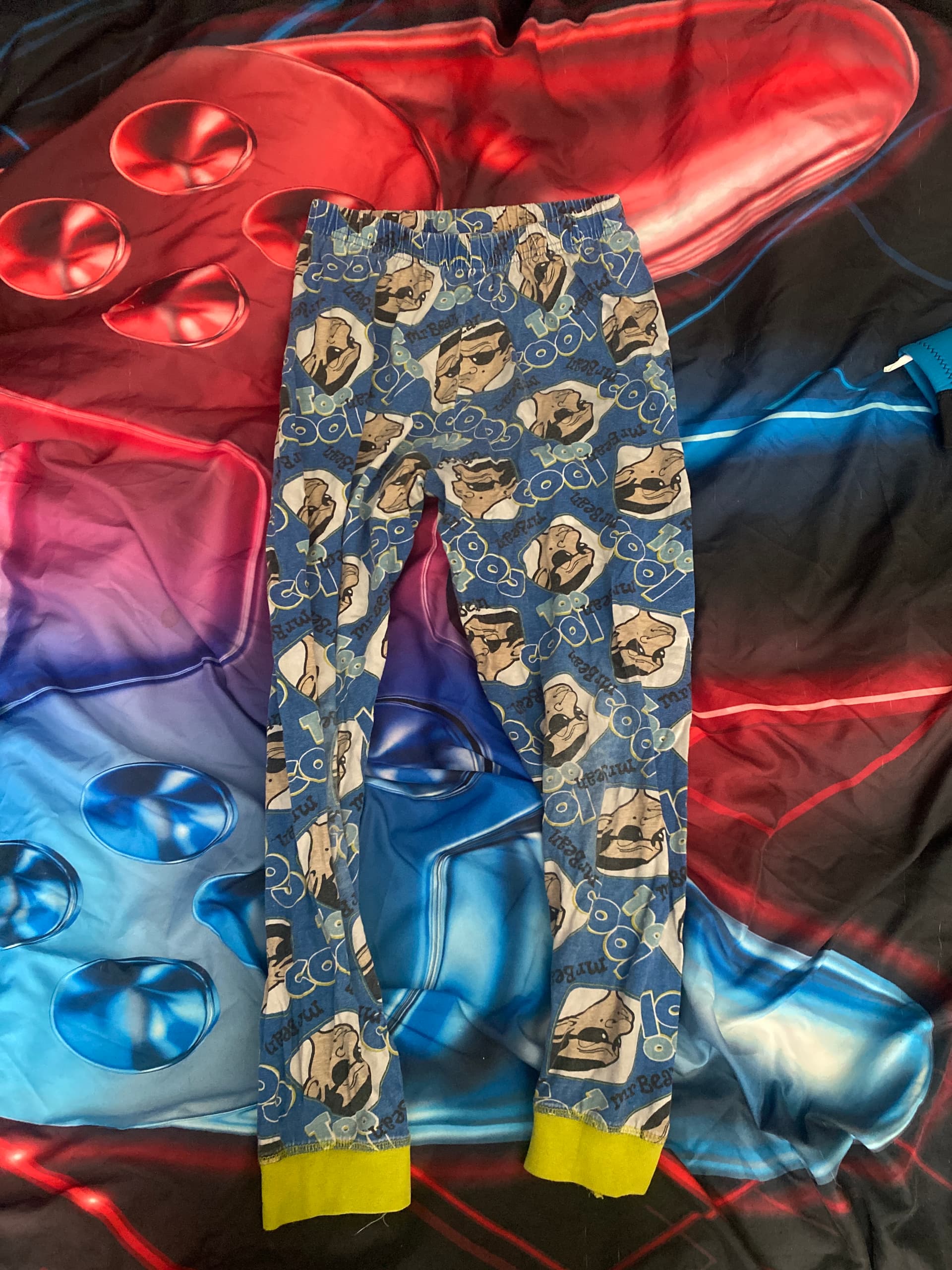 Blue and green Mr Bean pyjama bottoms
